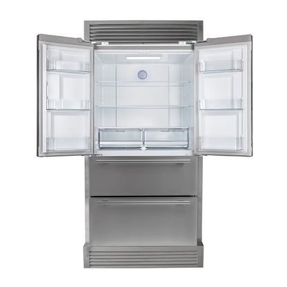 FORNO Premium 2-Piece Kitchen Bundle - Galiano 36" Stainless Steel Range, Forno Moena 36" French Door 19.2 cu. ft Stainless Steel Refrigerator, with Decorative Grill - 40" Wide - FBDL-019-03CAUS