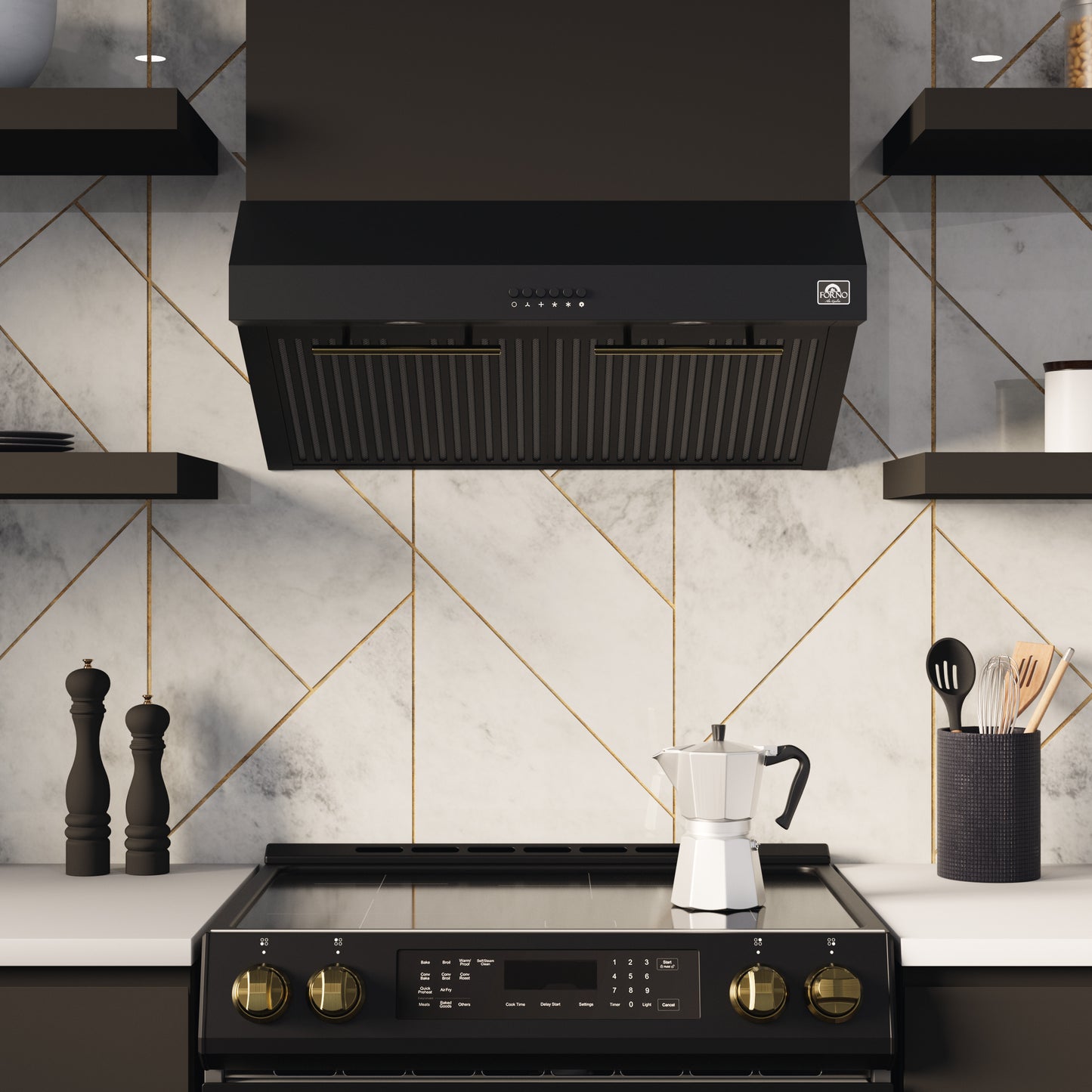 FORNO Premium 3-Piece Kitchen Bundle - Leonardo Espresso 30" Black Range, 30" Black Range Hood, 31" Black Refrigerator - FBDL-001-02CA