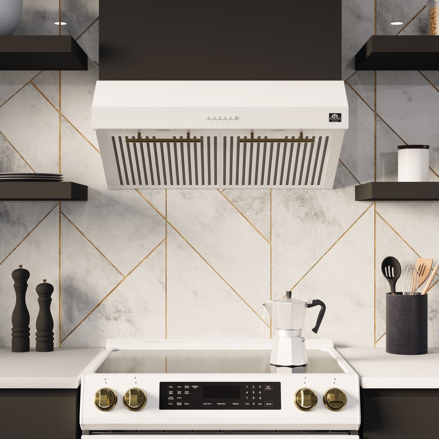 FORNO Premium 4-Piece Kitchen Bundle - Leonardo Espresso 30" White Range, 30" White Range Hood, 31" White Bottom Freezer Refrigerator, 24" White Built-In Dishwasher - FBDL-006-03CA