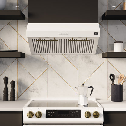 FORNO Premium 4-Piece Kitchen Bundle - Leonardo Espresso 30" White Range, 30" White Range Hood, 31" White Bottom Freezer Refrigerator, 24" White Built-In Dishwasher - FBDL-006-03CA