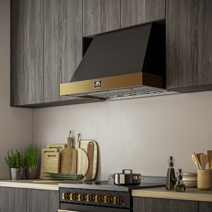 Forno Vittorio 36-Inch Wall Mount Range Hood, Black with Antique Brass Trim, 424 CFM Airflow, Dishwasher-Safe Baffle Filters, Remote Control, 3-Speed Fan, Bright LED Lighting.