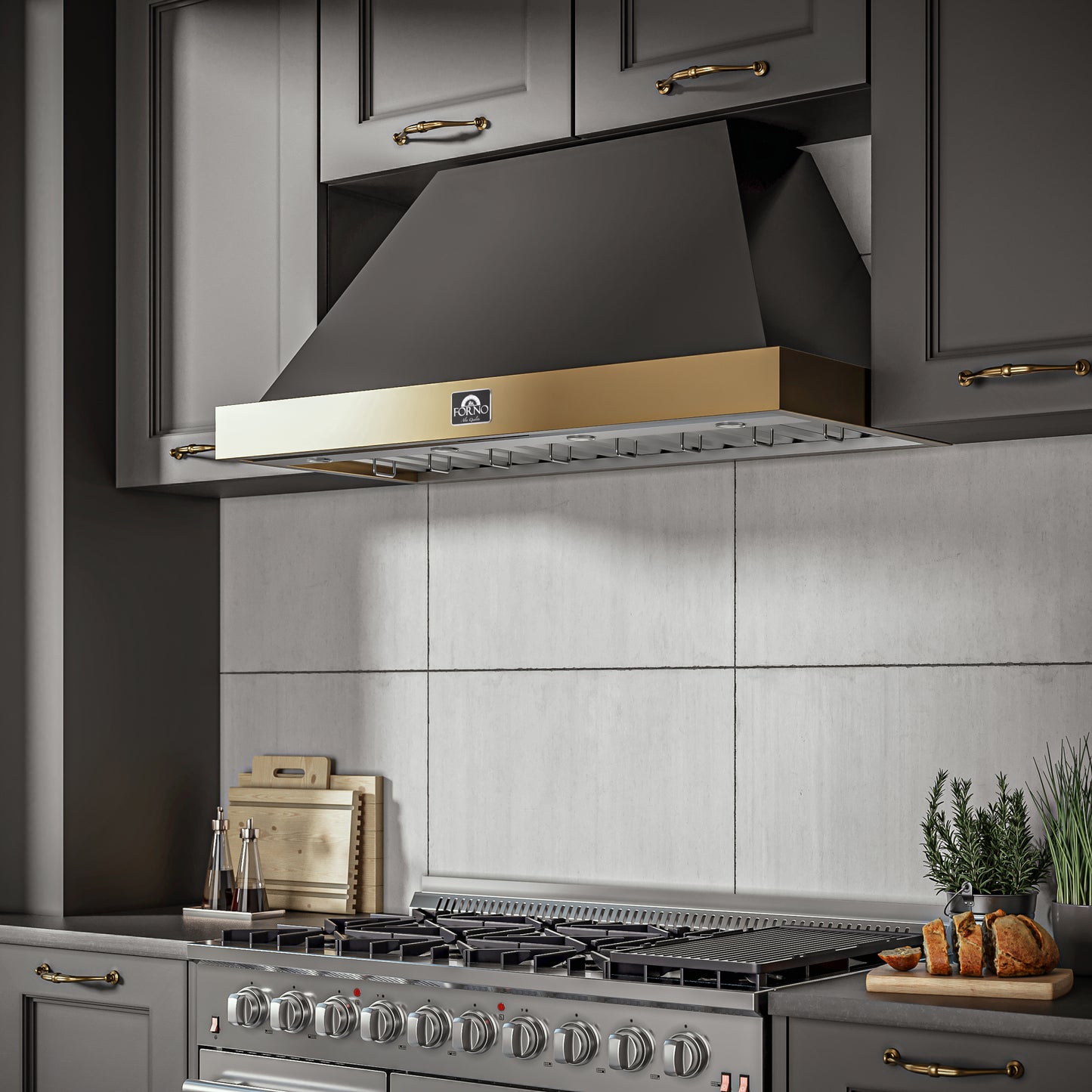 Forno Vittorio 48-Inch Wall Mount Range Hood, Black with Antique Brass Trim, 424 CFM Airflow, Dishwasher-Safe Baffle Filters, Remote Control, 3-Speed Fan, Bright LED Lighting.