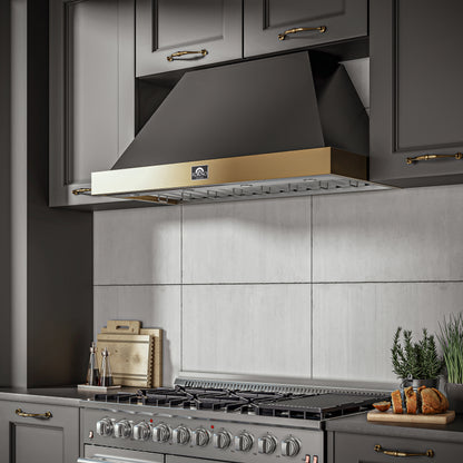 Forno Vittorio 48-Inch Wall Mount Range Hood, Black with Antique Brass Trim, 424 CFM Airflow, Dishwasher-Safe Baffle Filters, Remote Control, 3-Speed Fan, Bright LED Lighting.