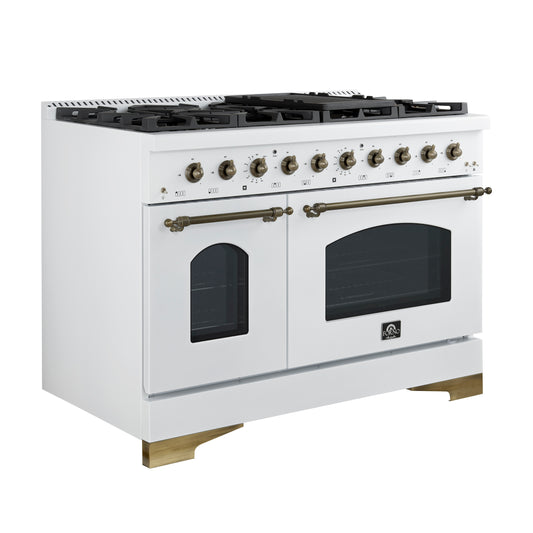 Forno Antico 48-Inch Freestanding Gas Range, White, Antique Brass Design, 8 Burners, Griddle, Double Ovens, Energy Efficient