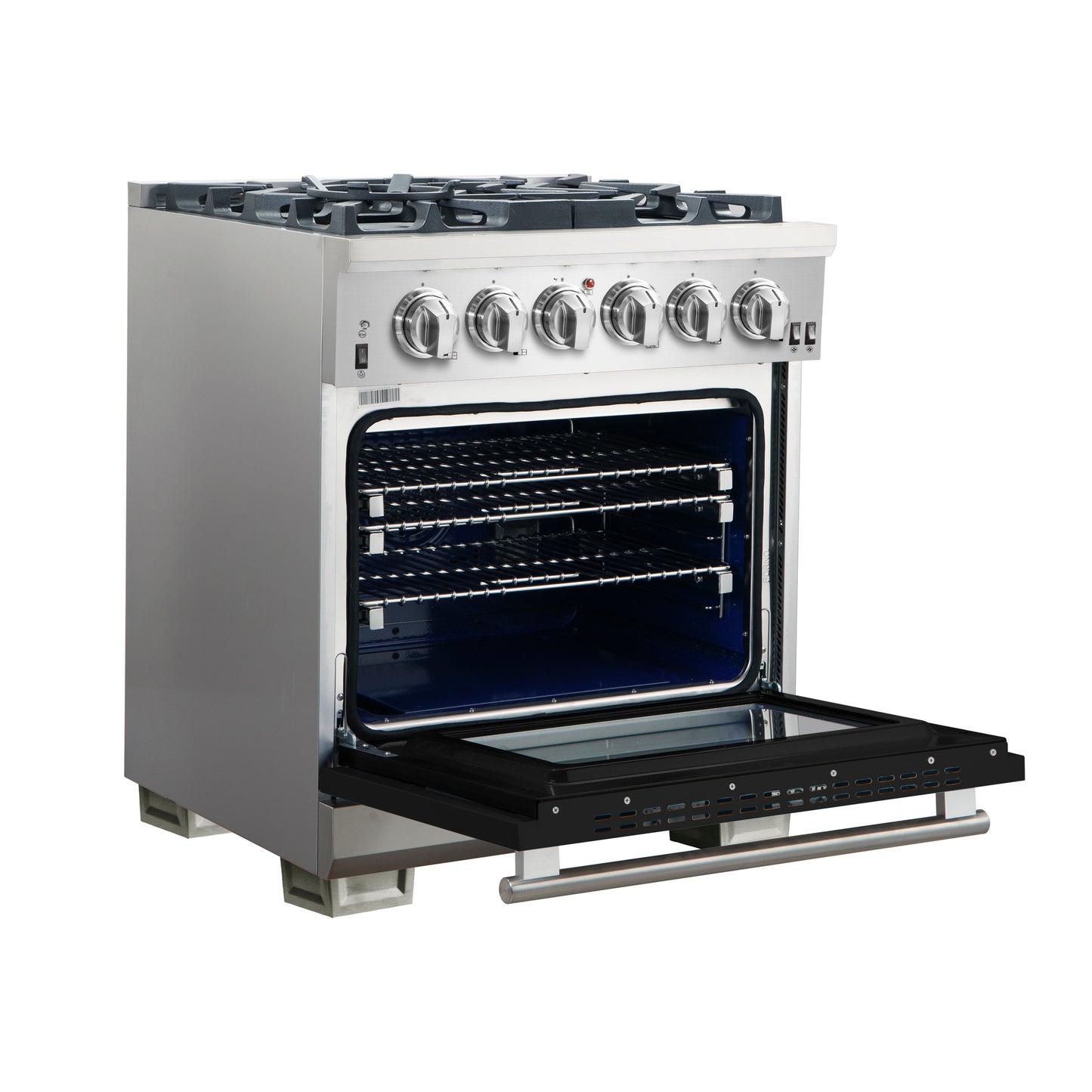 Forno Capriasca 30-Inch Freestanding Gas Range, 4 Burners, True Convection Oven, Black Door