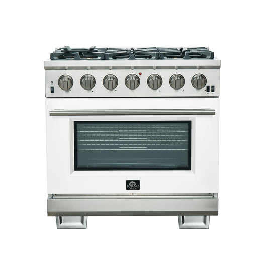 Forno Capriasca 36-Inch Gas Range, Stainless Steel, 6 Brass Burners, 120,000 BTU, Convection Oven, Energy Efficient, White Door