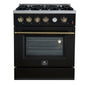 Marco 30-inch Gas Range Black & Antique Brass Design, 4 Burners 37,000 BTU, 4.32 cu.ft. Convection Oven