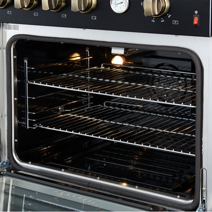 Marco 30-inch Gas Range Black & Antique Brass Design, 4 Burners 37,000 BTU, 4.32 cu.ft. Convection Oven