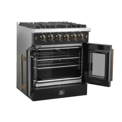 Forno Galiano 30-inch French Door Gas Range Black and Antique Brass Design, 5 Sealed Burners 68,000 BTU,  4.32 cu.ft. Convection Oven