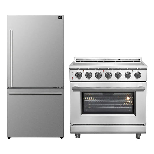 FORNO 2-Piece SS Kitchen Bundle - 36" Electric Range and 31" Bottom Freezer Refrigerator