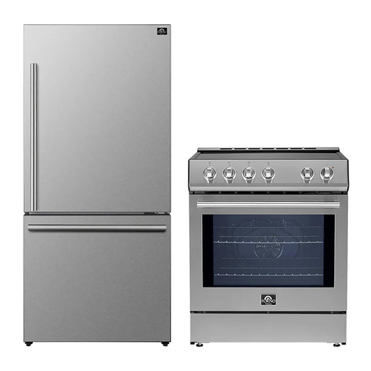 FORNO 2-Piece SS Kitchen Bundle - 30" Induction Range and 31" Bottom Freezer Refrigerator