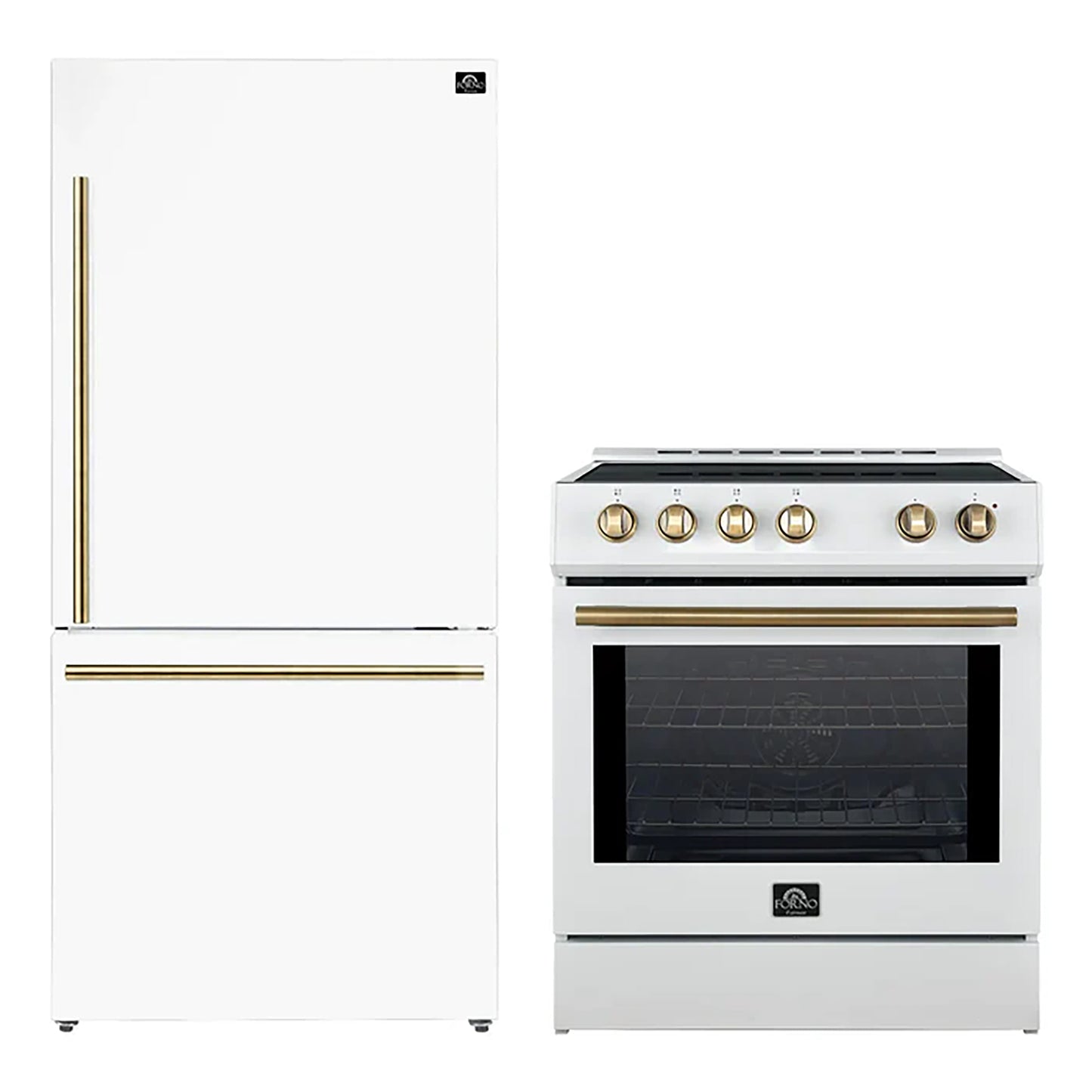 FORNO 2-Piece White Kitchen Bundle - 30" Induction Range and 31" Bottom Freezer Refrigerator