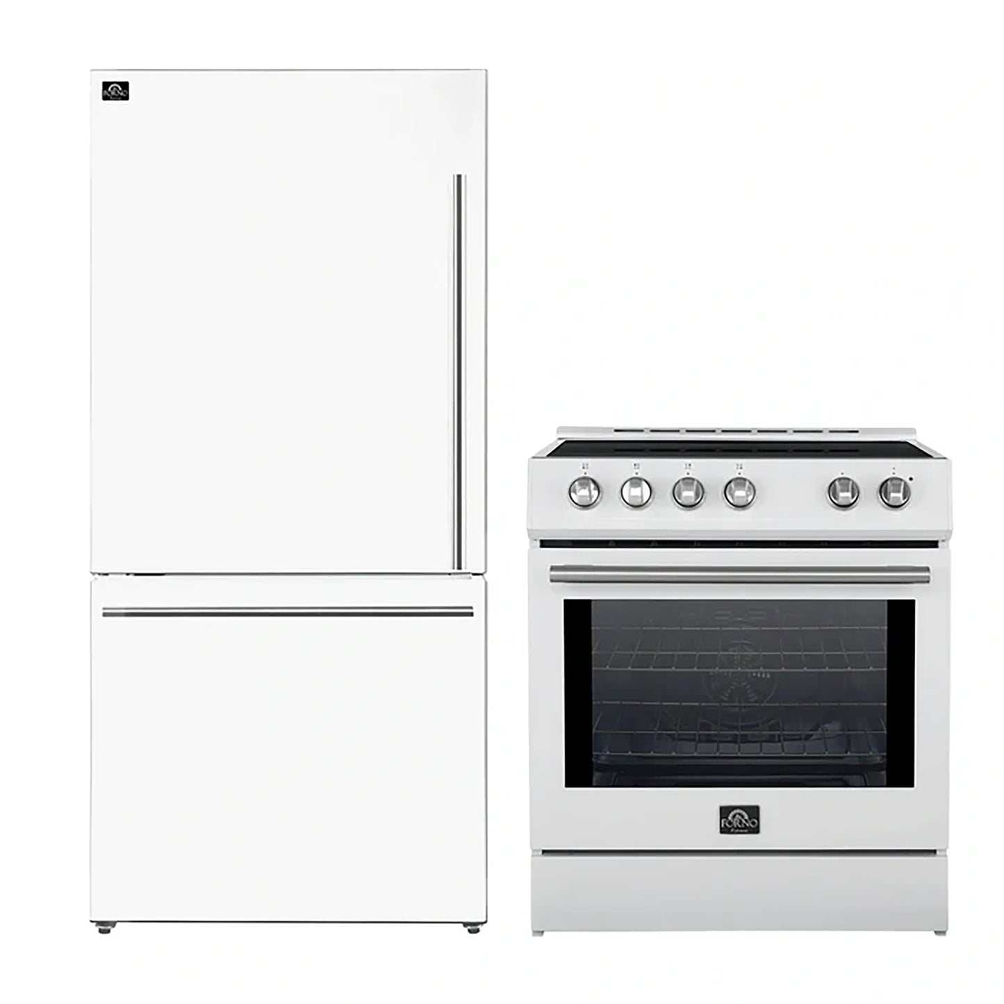FORNO 2-Piece White Kitchen Bundle - 30" Induction Range and 31" Bottom Freezer Refrigerator