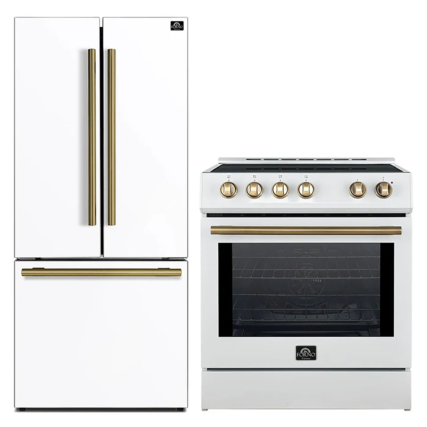 FORNO 2-Piece White Kitchen Bundle - 30" Induction Range and 31" Bottom Freezer Refrigerator