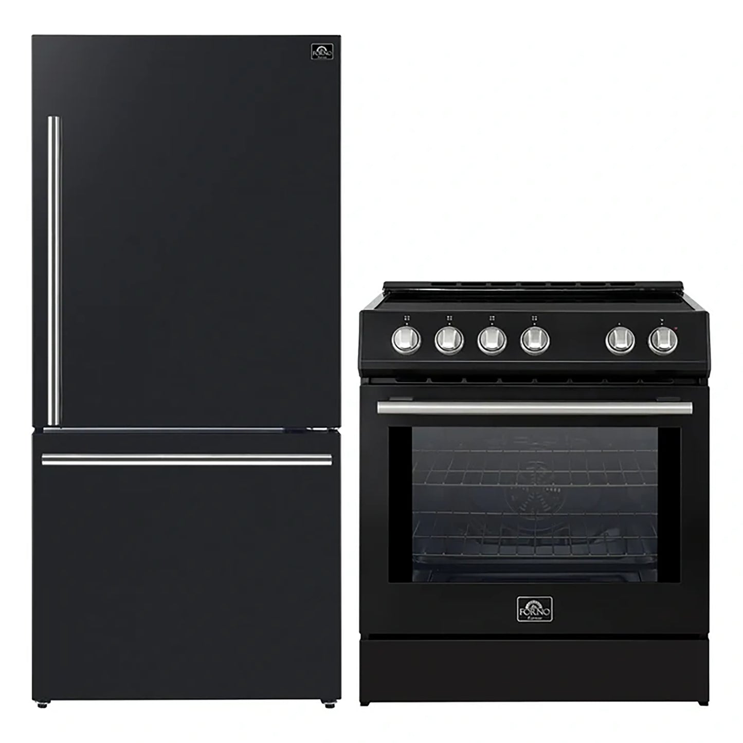 FORNO 2-Piece Black Kitchen Bundle - 30" Induction Range and 31" Bottom Freezer Refrigerator