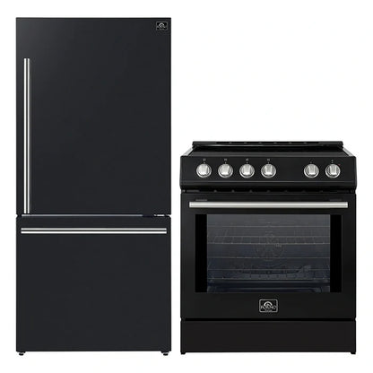 FORNO 2-Piece Black Kitchen Bundle - 30" Induction Range and 31" Bottom Freezer Refrigerator