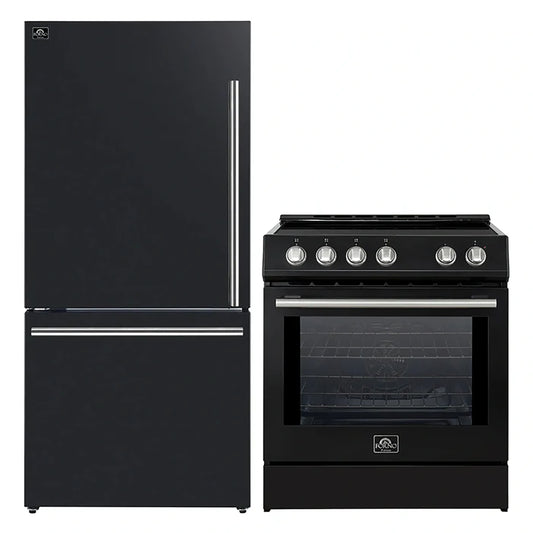 FORNO 2-Piece Black Kitchen Bundle - 30" Induction Range and 31" Bottom Freezer Refrigerator