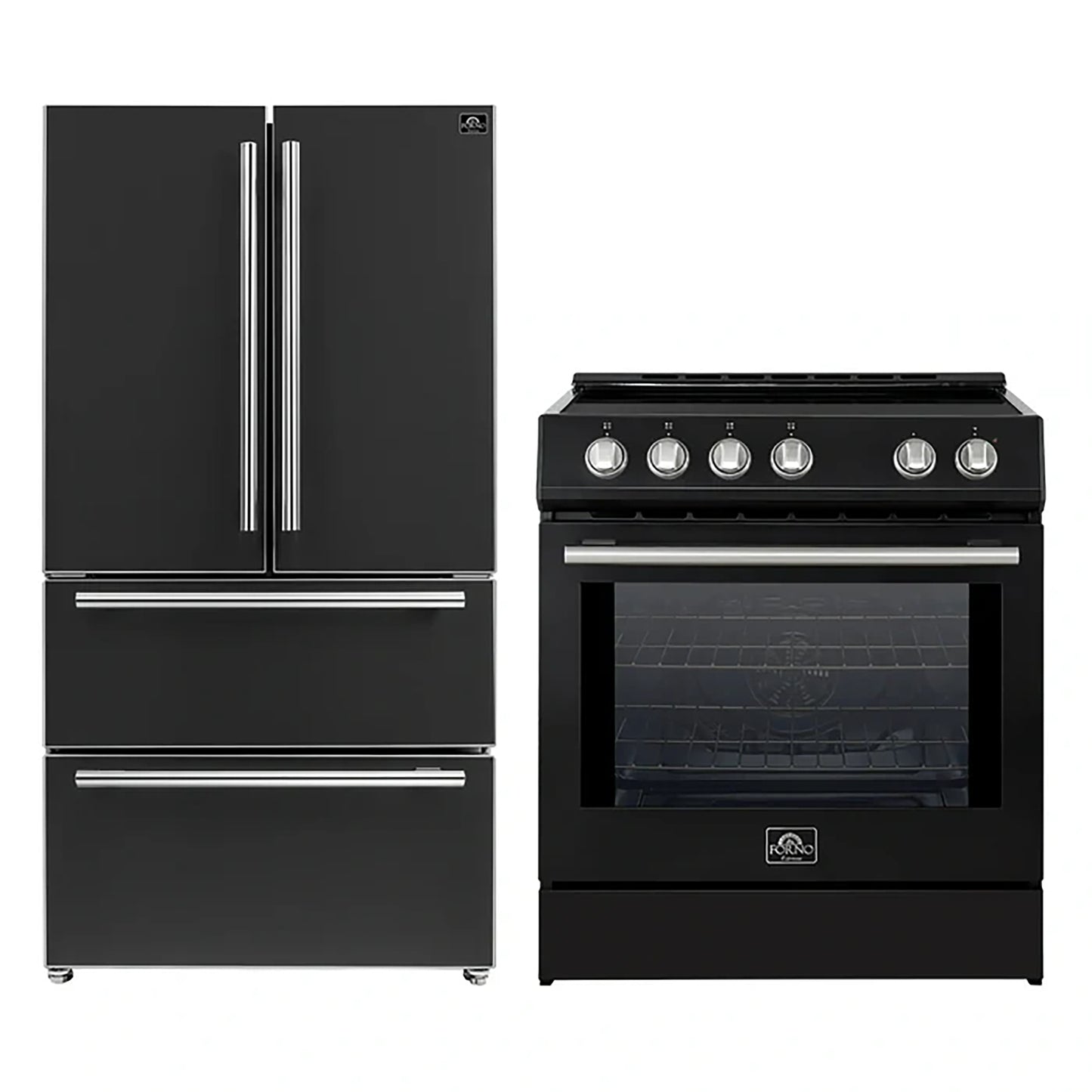 FORNO 2-Piece Black Kitchen Bundle - 30" Induction Range and 36" Bottom Freezer Refrigerator