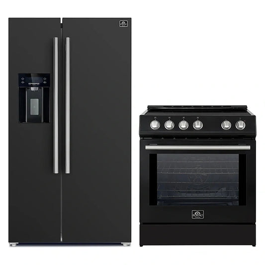 FORNO 2-Piece Black Kitchen Bundle - 30" Induction Range and 36" Bottom Freezer Refrigerator