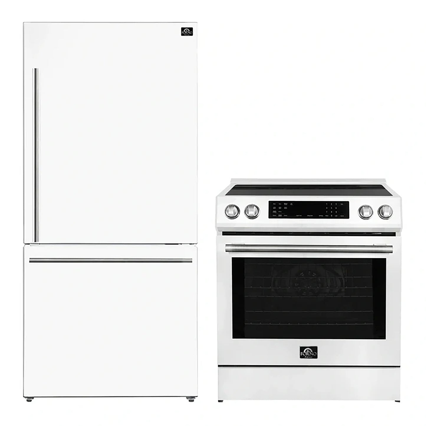 FORNO 2-Piece White Kitchen Bundle - 30" Induction Range and 31" Bottom Freezer Refrigerator