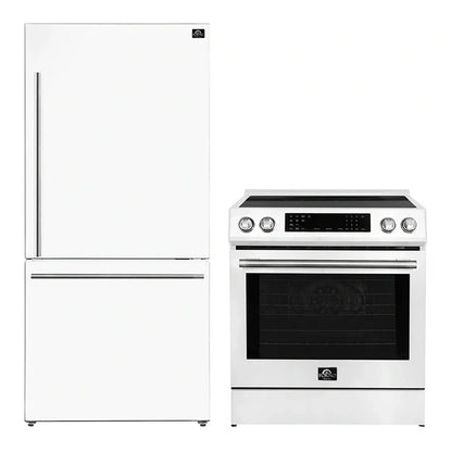 FORNO 2-Piece White Kitchen Bundle - 30" Induction Range and 31" Bottom Freezer Refrigerator