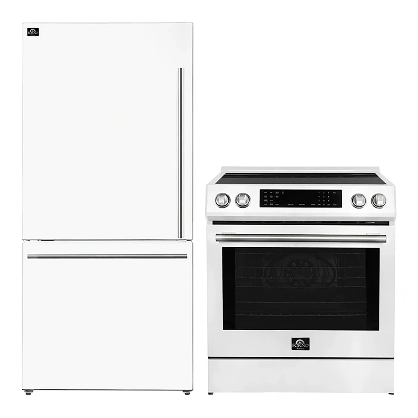 FORNO 2-Piece White Kitchen Bundle - 30" Induction Range and 31" Bottom Freezer Refrigerator