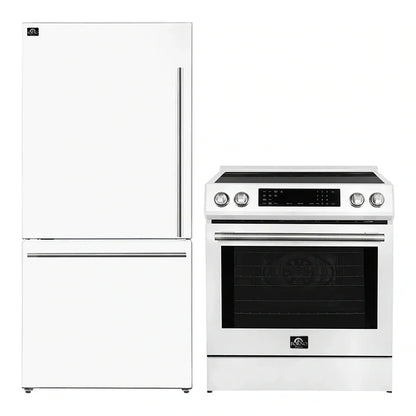 FORNO 2-Piece White Kitchen Bundle - 30" Induction Range and 31" Bottom Freezer Refrigerator