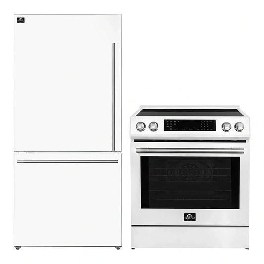 FORNO 2-Piece White Kitchen Bundle - 30" Induction Range and 31" Bottom Freezer Refrigerator