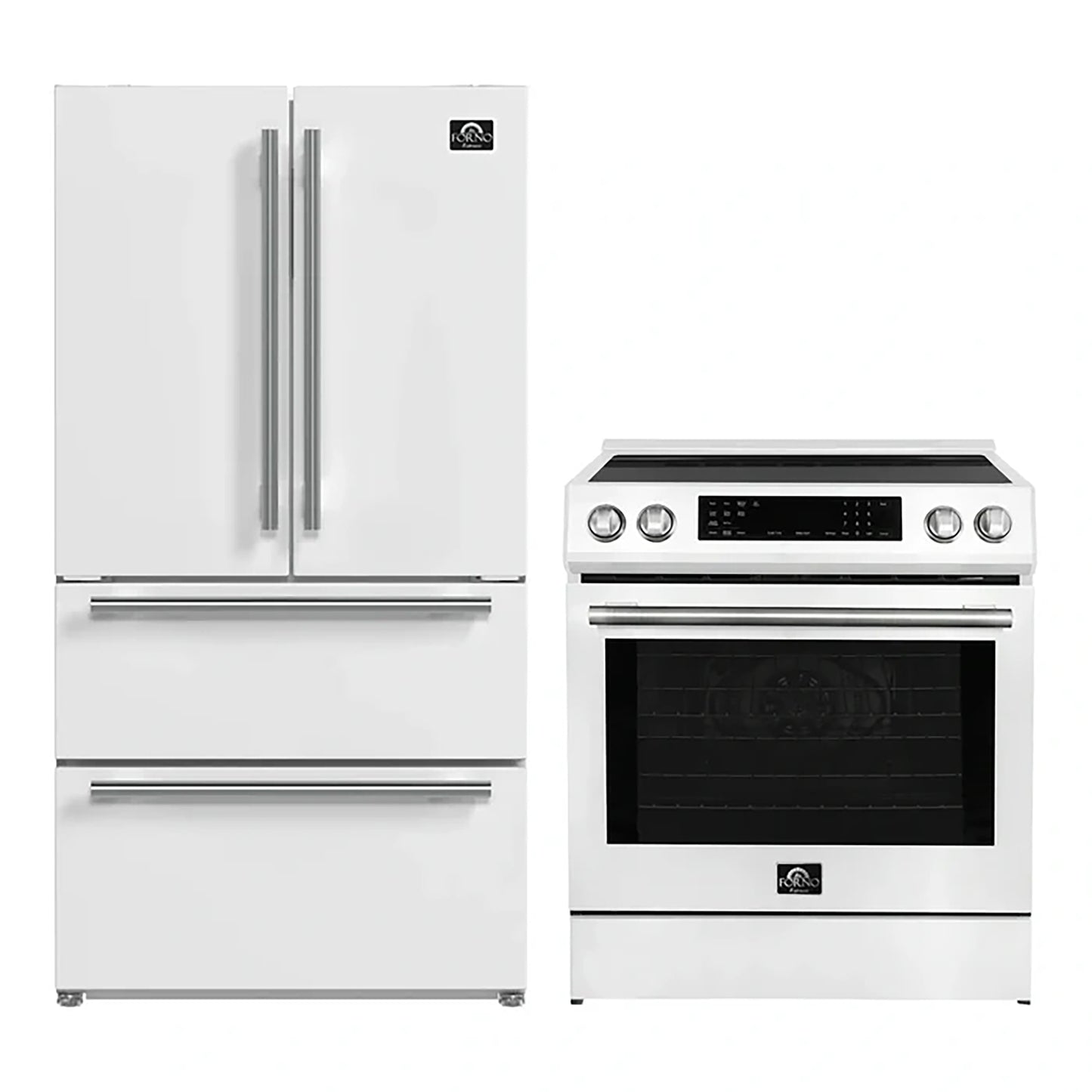 FORNO 2-Piece White Kitchen Bundle - 30" Induction Range and 36" Bottom Freezer Refrigerator