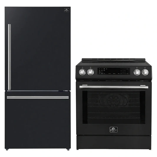 FORNO 2-Piece Black Kitchen Bundle - 30" Induction Range and 31" Bottom Freezer Refrigerator