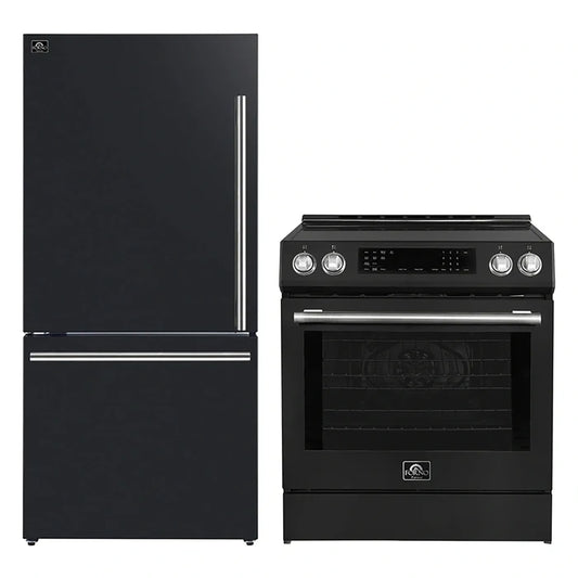 FORNO 2-Piece Black Kitchen Bundle - 30" Induction Range and 31" Bottom Freezer Refrigerator