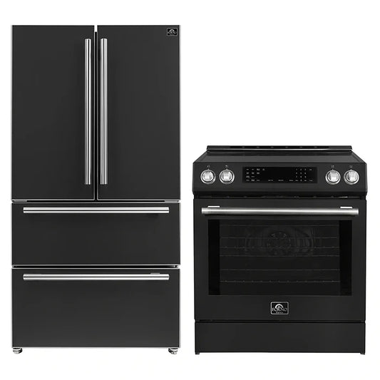 FORNO 2-Piece Black Kitchen Bundle - 30" Induction Range and 36" Bottom Freezer Refrigerator
