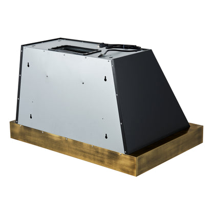 Forno Vittorio 36-Inch Wall Mount Range Hood, Black with Antique Brass Trim, 424 CFM Airflow, Dishwasher-Safe Baffle Filters, Remote Control, 3-Speed Fan, Bright LED Lighting.