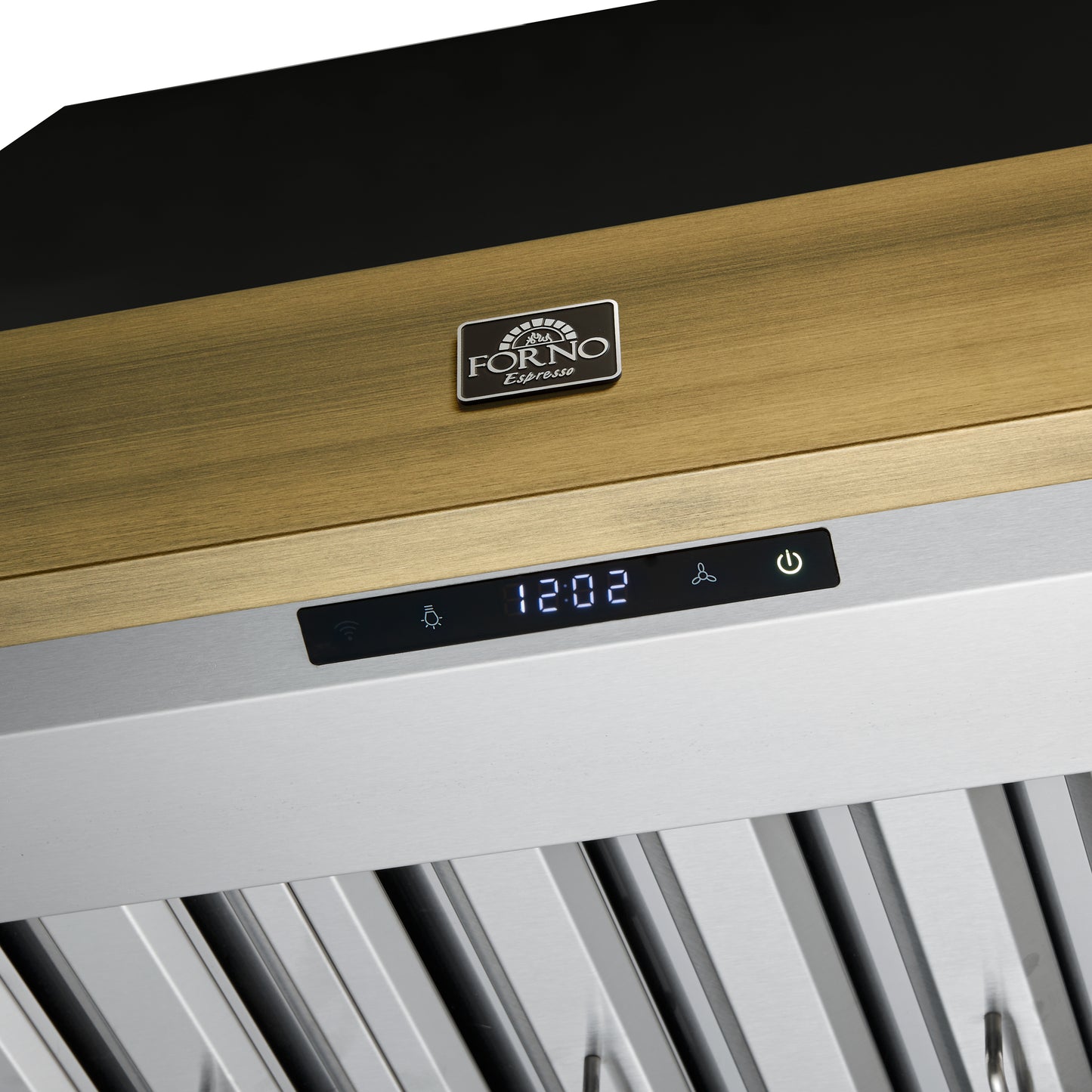 Forno Vittorio 36-Inch Wall Mount Range Hood, Black with Antique Brass Trim, 424 CFM Airflow, Dishwasher-Safe Baffle Filters, Remote Control, 3-Speed Fan, Bright LED Lighting.