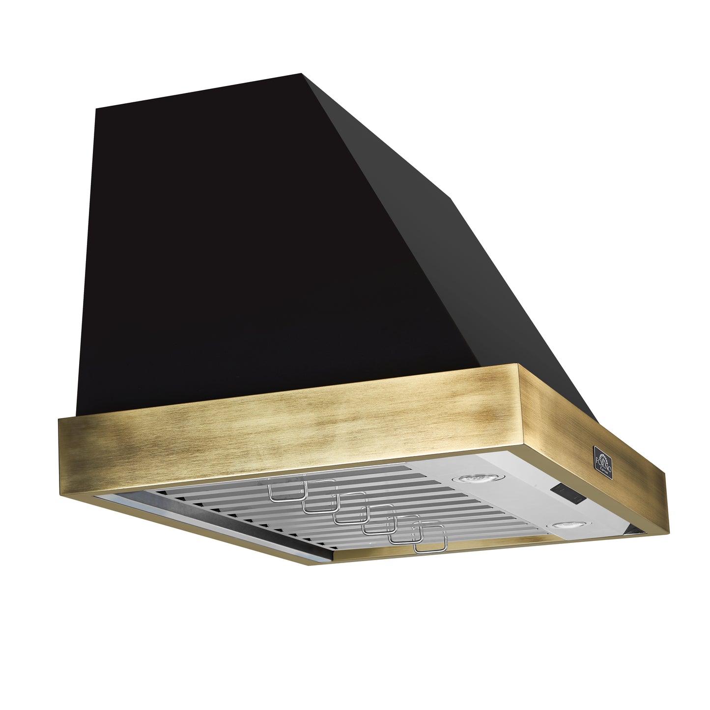 Forno Vittorio 36-Inch Wall Mount Range Hood, Black with Antique Brass Trim, 424 CFM Airflow, Dishwasher-Safe Baffle Filters, Remote Control, 3-Speed Fan, Bright LED Lighting.