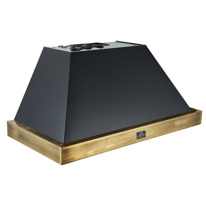 Forno Vittorio 48-Inch Wall Mount Range Hood, Black with Antique Brass Trim, 424 CFM Airflow, Dishwasher-Safe Baffle Filters, Remote Control, 3-Speed Fan, Bright LED Lighting.
