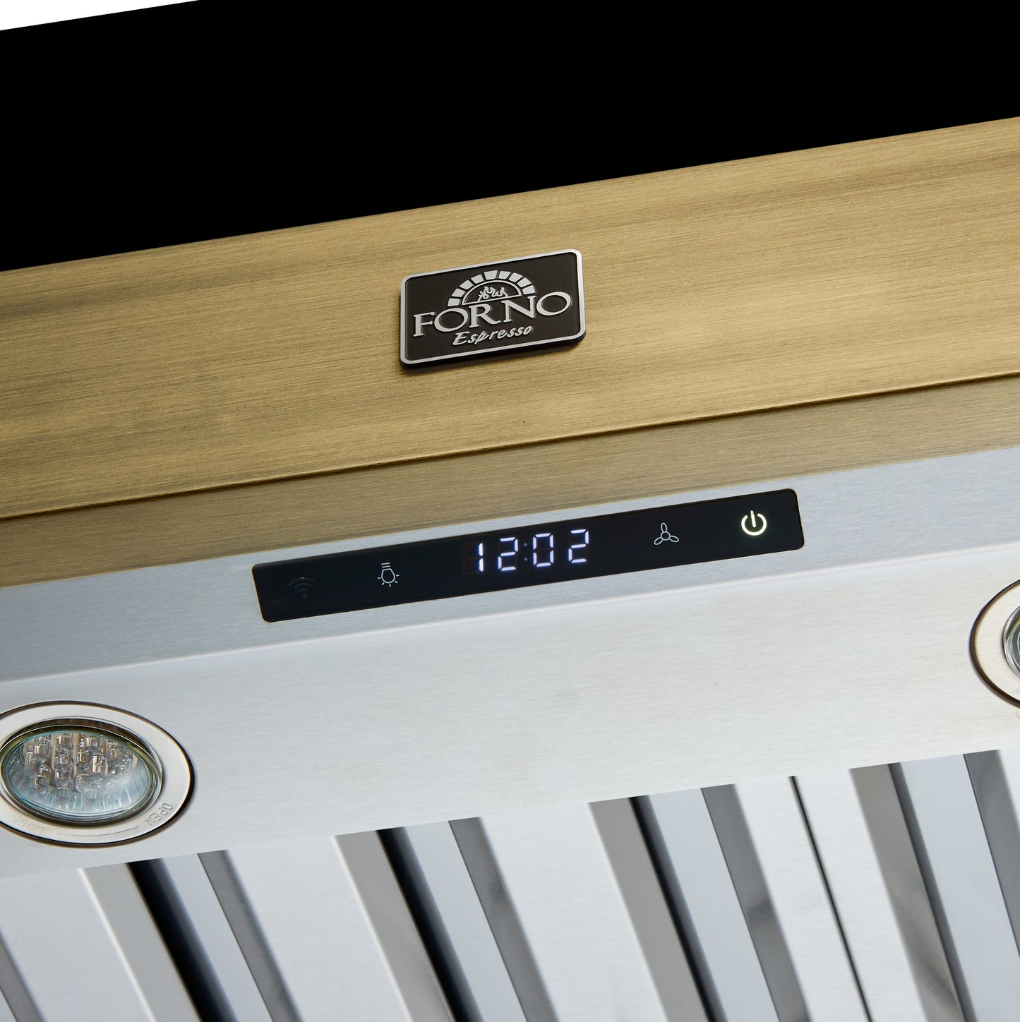 Forno Vittorio 48-Inch Wall Mount Range Hood, Black with Antique Brass Trim, 424 CFM Airflow, Dishwasher-Safe Baffle Filters, Remote Control, 3-Speed Fan, Bright LED Lighting.