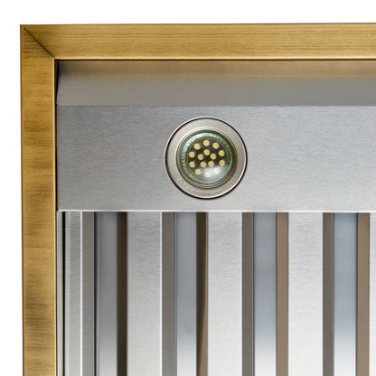 Forno Vittorio 48-Inch Wall Mount Range Hood, Black with Antique Brass Trim, 424 CFM Airflow, Dishwasher-Safe Baffle Filters, Remote Control, 3-Speed Fan, Bright LED Lighting.