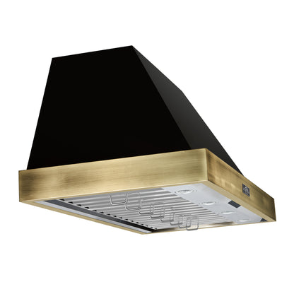 Forno Vittorio 48-Inch Wall Mount Range Hood, Black with Antique Brass Trim, 424 CFM Airflow, Dishwasher-Safe Baffle Filters, Remote Control, 3-Speed Fan, Bright LED Lighting.