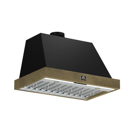 Forno Vittorio 36-Inch Wall Mount Range Hood, Black with Antique Brass Trim, 424 CFM Airflow, Dishwasher-Safe Baffle Filters, Remote Control, 3-Speed Fan, Bright LED Lighting.