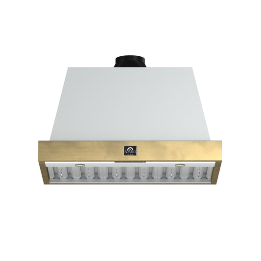 Forno Vittorio 36-Inch Wall Mount Range Hood, White with Antique Brass Trim, 424 CFM Airflow, Dishwasher-Safe Baffle Filters, Remote Control, 3-Speed Fan, Bright LED Lighting.