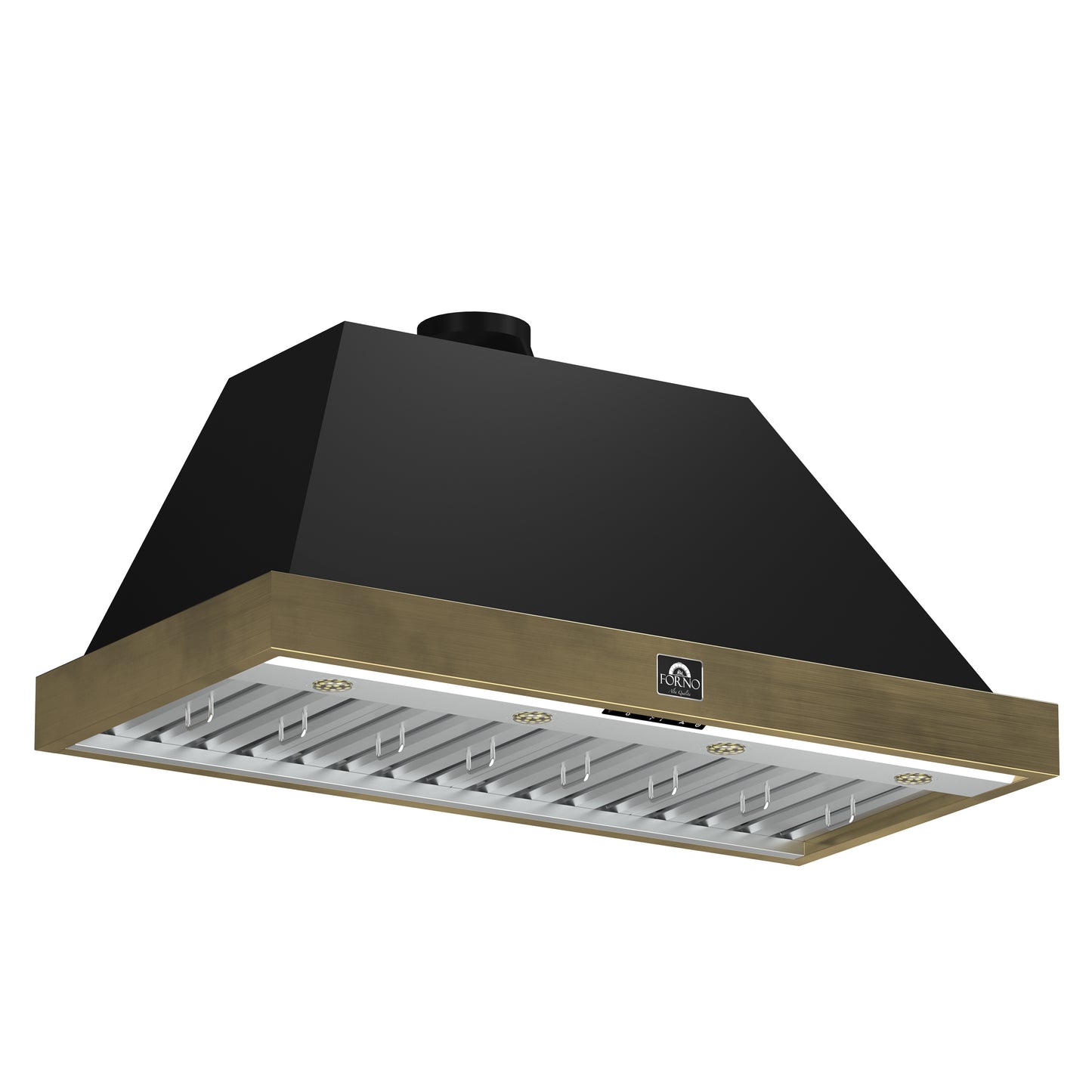 Forno Vittorio 48-Inch Wall Mount Range Hood, Black with Antique Brass Trim, 424 CFM Airflow, Dishwasher-Safe Baffle Filters, Remote Control, 3-Speed Fan, Bright LED Lighting.