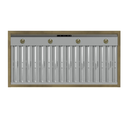 Forno Vittorio 48-Inch Wall Mount Range Hood, Black with Antique Brass Trim, 424 CFM Airflow, Dishwasher-Safe Baffle Filters, Remote Control, 3-Speed Fan, Bright LED Lighting.