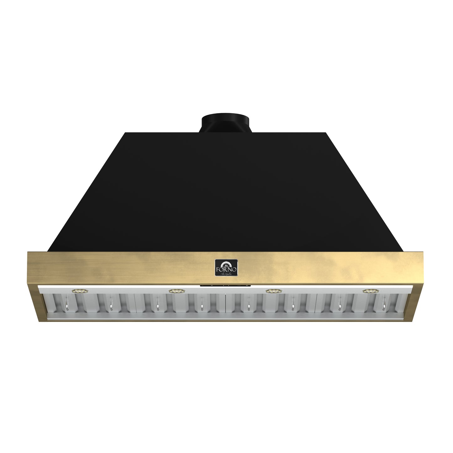 Forno Vittorio 48-Inch Wall Mount Range Hood, Black with Antique Brass Trim, 424 CFM Airflow, Dishwasher-Safe Baffle Filters, Remote Control, 3-Speed Fan, Bright LED Lighting.