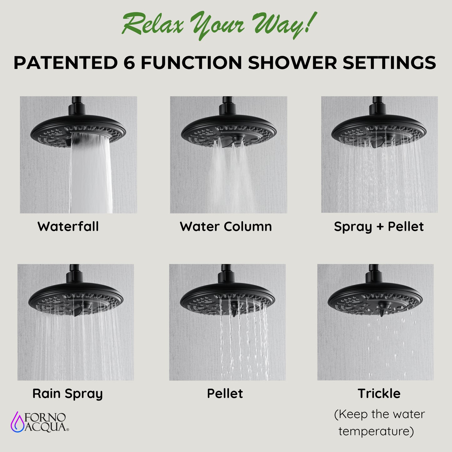 Forno Acqua AcquaFALL Shower, Matte Black Finish, Overhead Rainfall Shower, 7 Way Diverter, Handheld Shower Head, Body Jets, 2.5 GPM Flow Rate