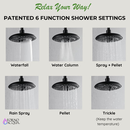 Forno Acqua AcquaFALL Shower, Matte Black Finish, Overhead Rainfall Shower, 7 Way Diverter, Handheld Shower Head, Body Jets, 2.5 GPM Flow Rate