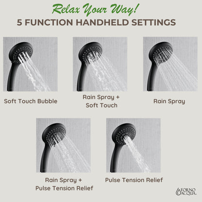 Forno Acqua AcquaFALL Shower, Matte Black Finish, Overhead Rainfall Shower, 7 Way Diverter, Handheld Shower Head, Body Jets, 2.5 GPM Flow Rate