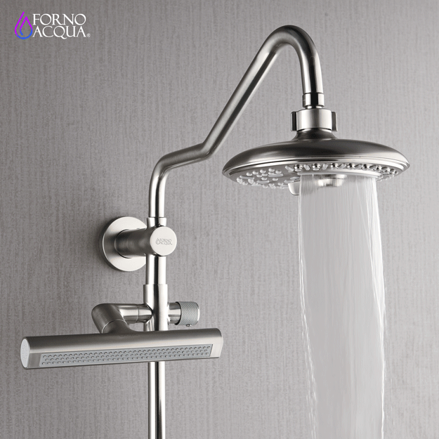 Forno Acqua AcquaFALL Shower, Brushed Nickel Finish, Overhead Rainfall Shower, 7 Way Diverter, Handheld Shower Head, Body Jets, 1.8 GPM Flow Rate