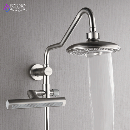 Forno Acqua AcquaFALL Shower, Brushed Nickel Finish, Overhead Rainfall Shower, 7 Way Diverter, Handheld Shower Head, Body Jets, 1.8 GPM Flow Rate