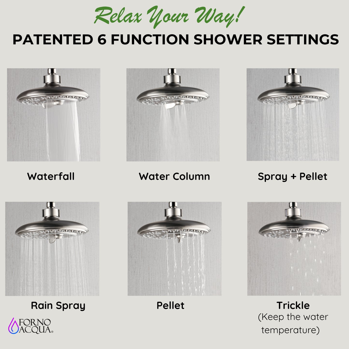 Forno Acqua AcquaFALL Shower, Polished Stainless Steel Finish, Overhead Rainfall Shower, 7 Way Diverter, Handheld Shower Head, Body Jets, 2.5 GPM Flow Rate